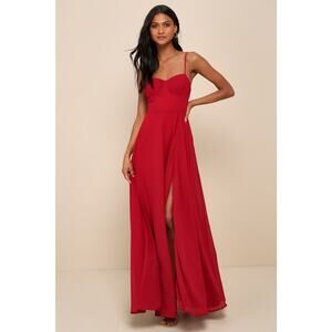 Lulus Cause for Commotion Red Bustier Pleated Maxi Dress Formal Prom Size Small
